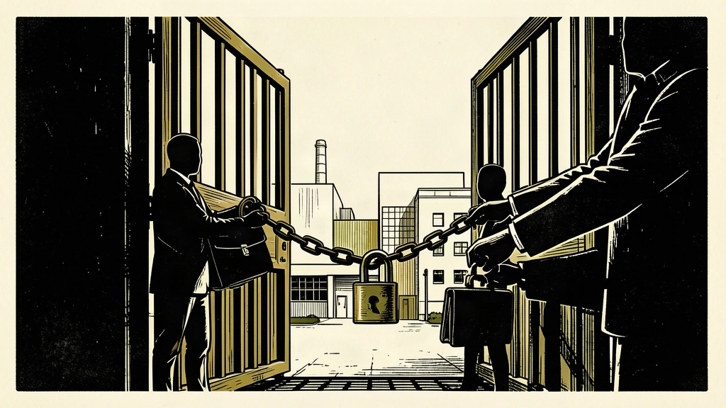 An editorial illustration showing a pair of hands with a briefcase hesitating at a factory gate that is draped with a heavy chain, symbolizing investor reluctance due to political risk.
