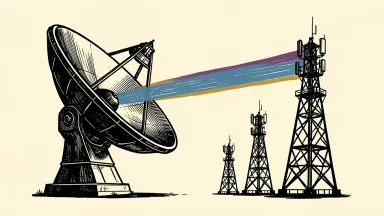 SpaceX cellular spectrum deal pressures telecom rivals: a large satellite dish emitting a signal that displaces three smaller cellular towers.