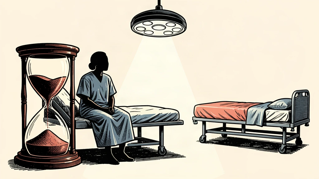 An editorial illustration showing a patient in a hospital gown waiting beside a large hourglass while an adjacent bed is already empty, symbolizing treatment delays.