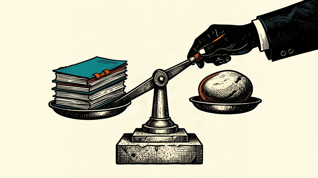 A magnifying glass examines the pivot point of a stone scale balancing a stack of budget documents against a heavy weight.
