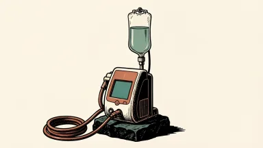 Option Care Health downgraded to Hold: a medical infusion pump and a smooth IV bag weighted at the base by a heavy stone.