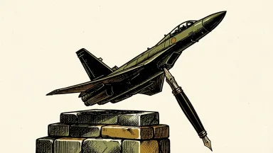 Lockheed Martin receives a Buy rating from Rothschild & Co Redburn: a sleek fighter jet on a stone pedestal supported by a large ink pen.