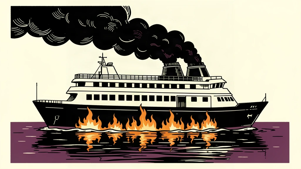 An editorial illustration of a ferry engulfed in flames with heavy smoke rising into the air.