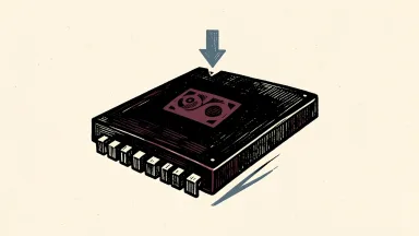 Micron stock drop depicted by a memory chip with a downward arrow and a curved rebound line.