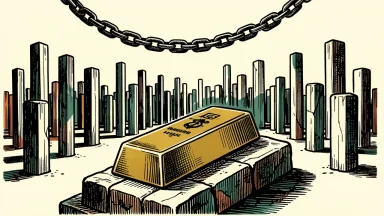 Gold and S&P 500 earnings: a gold bar on a pedestal before a field of rising pillars, with a slack chain representing easing rate expectations.