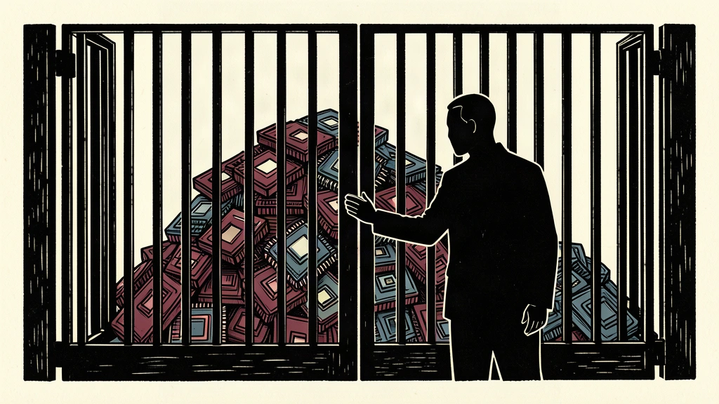 An editorial illustration showing a person stopped by a heavy, closed gate that keeps complex circuit patterns secured on the opposite side.