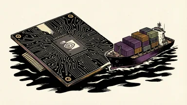 Nvidia buy rating reaffirmed by UBS: a large computer chip on ivory paper as a cargo ship carrying computing equipment containers approaches.