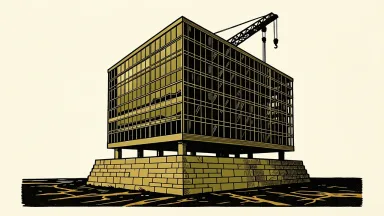 Cushman & Wakefield credit rating upgrade: a commercial office building being placed onto a higher stone pedestal by a crane.