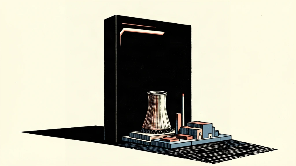 A large black monolith towers over and overshadows a small nuclear cooling tower on an ivory background.