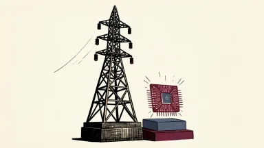 Utility stocks as a stable AI investment: a large, solid electrical transmission tower stands next to a smaller microchip on a pedestal.