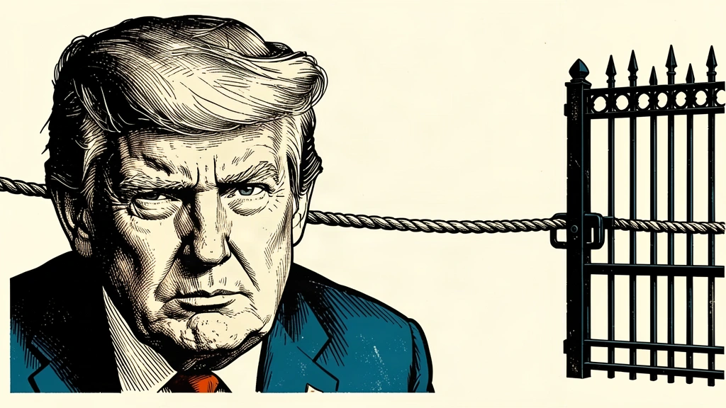 A portrait of Donald Trump next to a closed iron gate held by a taut rope. Identity photo references adapted into illustration: Daniel Torok (Public domain; https://commons.wikimedia.org/wiki/File:Official_Presidential_Portrait_of_President_Donald_J._Trump_(2025).jpg); source https://commons.wikimedia.org/wiki/File:Official_Presidential_Portrait_of_President_Donald_J._Trump_(2025).jpg