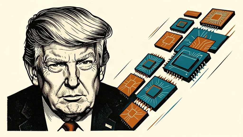 An editorial illustration featuring a portrait of Donald Trump next to a rising diagonal of glowing digital tiles, symbolizing a competitive AI race. Identity photo references adapted into illustration: Daniel Torok (Public domain; https://commons.wikimedia.org/wiki/File:Official_Presidential_Portrait_of_President_Donald_J._Trump_(2025).jpg); source https://commons.wikimedia.org/wiki/File:Official_Presidential_Portrait_of_President_Donald_J._Trump_(2025).jpg