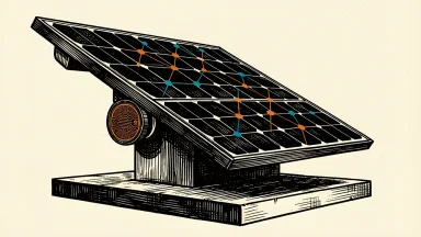 OpenWorld acquires Blocksight for solar and AI: a large solar panel on a foundation with a digital circuit token being inserted into it.