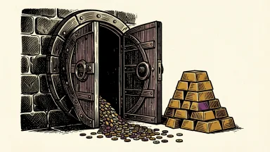 T. Rowe Price's assets under management are shown as a vault door with a small outflow of coins, while a stack of gold bars remains stable.