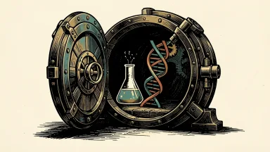 Simulations Plus acquisition by Altaris: a heavy vault door opens to reveal a laboratory flask and a DNA helix, symbolizing the company going private.