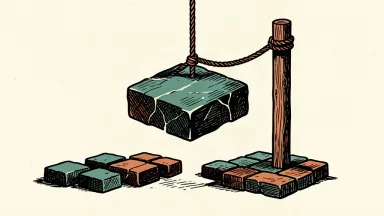 A heavy stone block is held back by a rope above an incomplete foundation, representing a deferred payment for a delayed project.