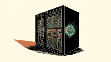Marvell Technology's growth driven by data-center hardware: a large server rack with a specialized semiconductor chip being integrated into its side.