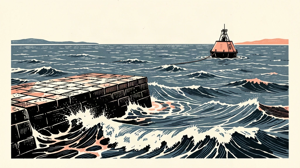 An illustration of a stone pier isolated in a stormy sea with a rescue buoy floating far away, representing lack of state intervention.