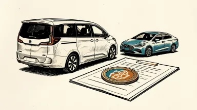 Li Auto Mega and Li Auto i6 included in China's NEV tax relief: a modern electric minivan and sedan beside an official document and a heavy coin.