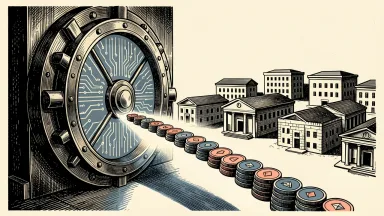 Fiserv digital asset platform launching stablecoin banking: a stream of digital coins flowing from an open bank vault into a network of financial institutions.