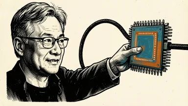 Nvidia's Jensen Huang emphasizing AI safety and hardware investment: Huang's hand grips a thick cable connected to a large microchip. Identity photo references adapted into illustration: Photographer: Peter Dasilva (CC BY 4.0; https://creativecommons.org/licenses/by/4.0); source https://commons.wikimedia.org/wiki/File:Jensen_Huang_(cropped)_(2024).jpg
