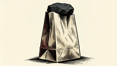 McDonald's stock outlook under pressure: a large paper takeout bag compressed by a heavy stone while remaining upright.