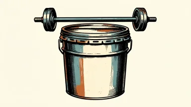 Sherwin-Williams (SHW) initiated with a Hold rating: a sealed industrial paint bucket balanced by weights on a horizontal bar.