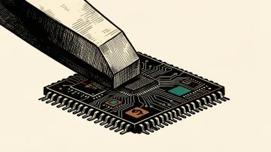 A semiconductor chip tilted under the weight of a heavy block, representing the 20% drop in the chip index due to rate and AI cost concerns.