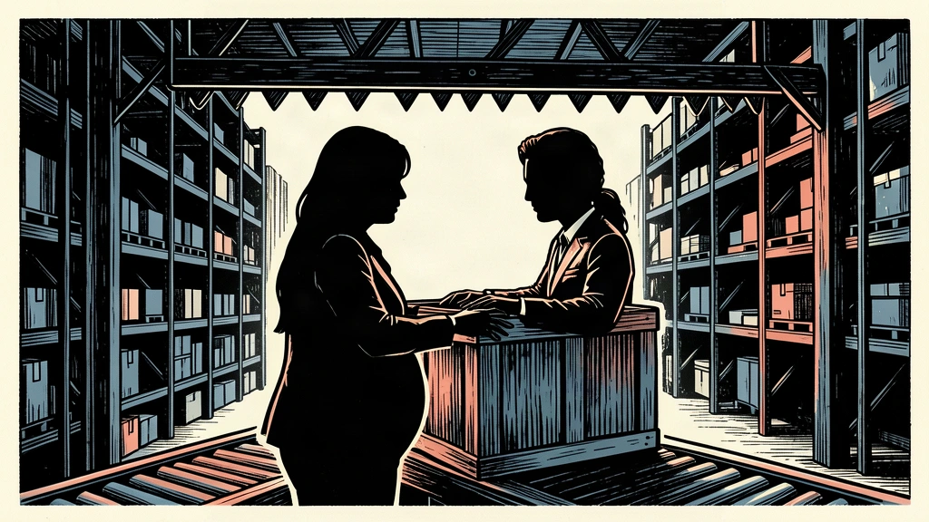 An editorial illustration showing a pregnant worker silhouette being physically blocked from their warehouse workstation by a descending industrial barrier.