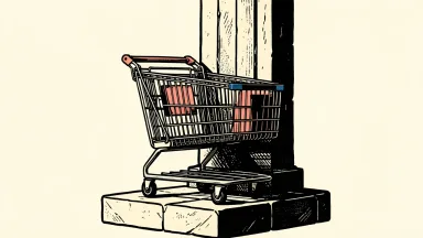 Walmart credit rating stability: a large shopping cart sits securely on a heavy stone pedestal against a solid pillar.