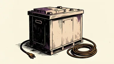 Fluence Energy faces a securities class action; an idle battery unit with a disconnected cable on a factory floor.