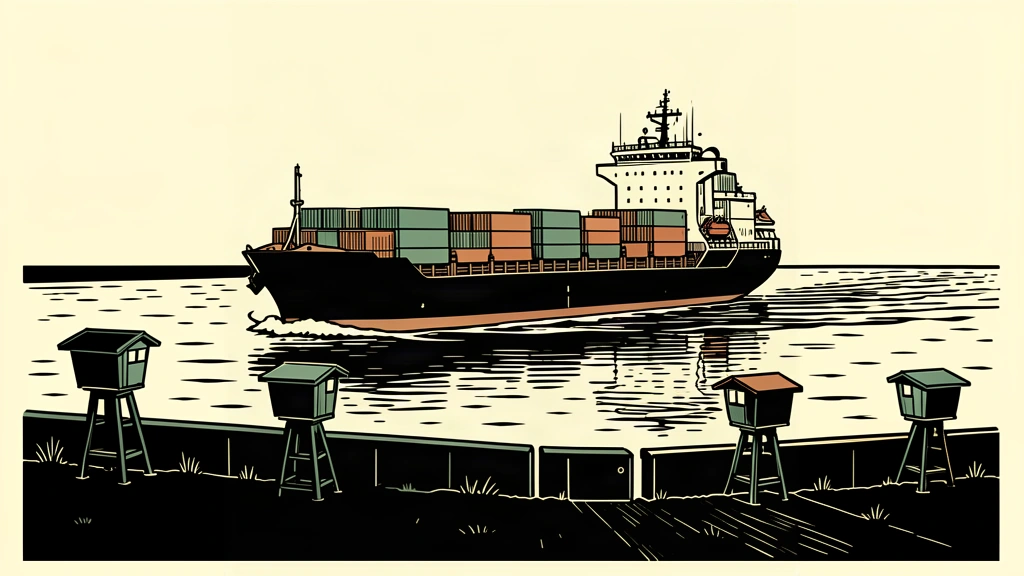 An editorial illustration showing a cargo ship sailing safely through a channel protected by a row of observation posts on the shore.