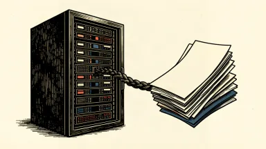 A server rack connected by a cable that turns into a fan of financial notes.