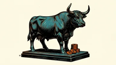 MetLife represented by a bronze bull statue with gold coins at its base.
