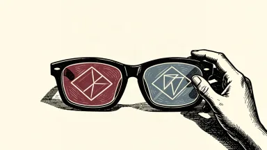 An editorial illustration of AR glasses being reached for by a hand, with a digital interface reflected in the lens.