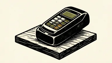 Fiserv price target cut by TD Cowen: a payment terminal on a wooden board is tilted upward as a heavy stone weighs down the opposite side.