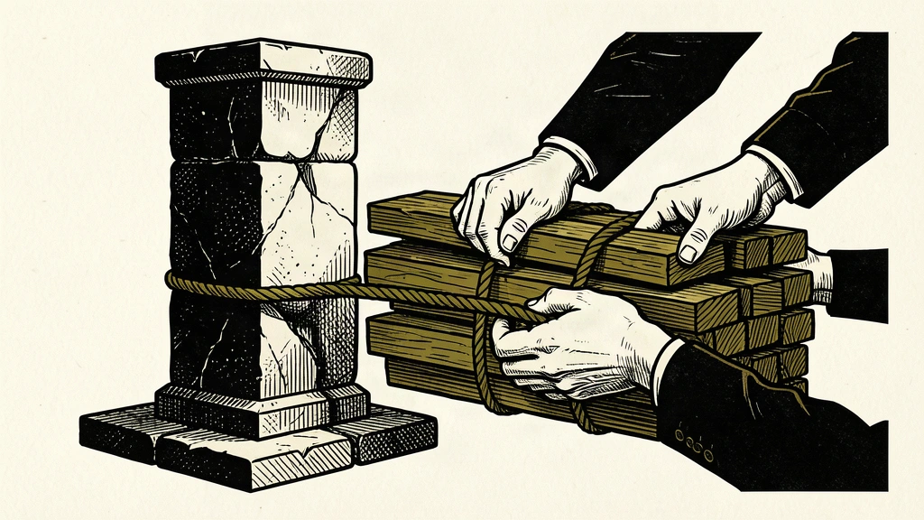 An editorial illustration showing a solid stone pillar standing firm while hands bind a bundle of beams together with rope.