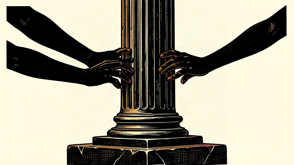 An editorial illustration showing a permanent stone column being completed by anonymous hands, representing the formalization of a government division.