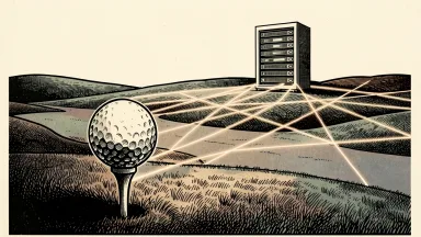 HPE providing digital infrastructure for the 2027 Ryder Cup: a golf ball on a tee connected by a network of lines to a distant server rack on a fairway.