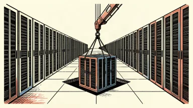 A massive data center floor with a crane arm installing a new server rack into a vast, expanding grid.