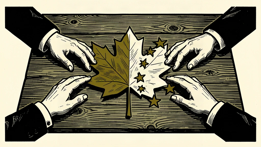 A conceptual illustration showing a maple leaf and European stars being brought together on a table by anonymous hands.
