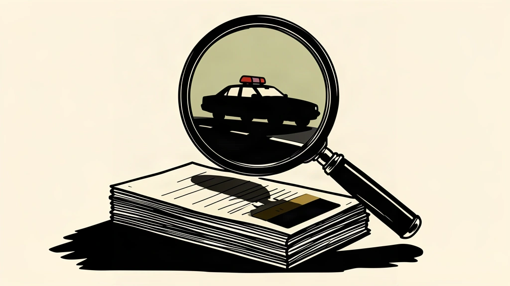 An editorial illustration showing a magnifying glass over financial documents, with its shadow forming the shape of a police car's emergency lights.