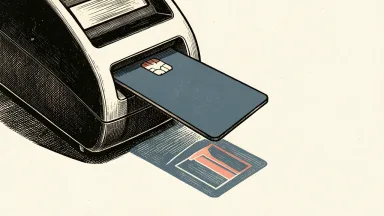 FIS transaction enrichment: a blank debit card in a terminal casts a shadow in the shape of a clear merchant icon, representing data clarity.