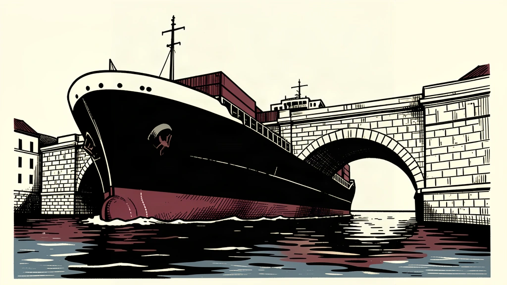 A giant cargo ship wedged tightly under a straining stone bridge, illustrating the unsustainable pressure on trade infrastructure.
