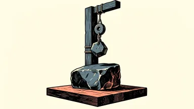 Vylor stock receives an Outperform rating from Mizuho: a polished stone is lifted upward by a pulley system anchored to a heavy stone base.