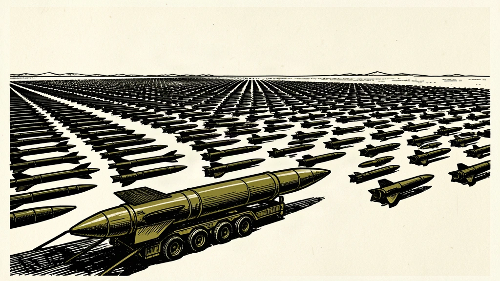 A large grid of missile silhouettes representing high production, with only one missile positioned for use.