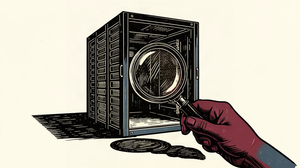 An editorial illustration of a hollow server rack being inspected through a large magnifying glass, representing a skeptical analyst review of AI data center stocks.