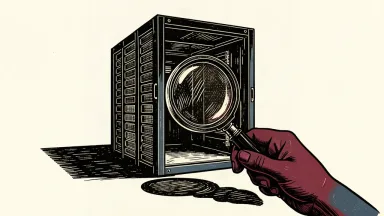 An editorial illustration of a hollow server rack being inspected through a large magnifying glass, representing a skeptical analyst review of AI data center stocks.