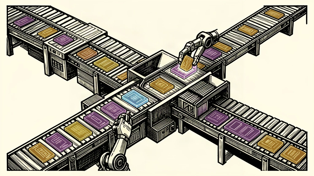 An editorial illustration showing translucent AI modules being integrated into a large-scale industrial conveyor system to optimize supply chain operations.