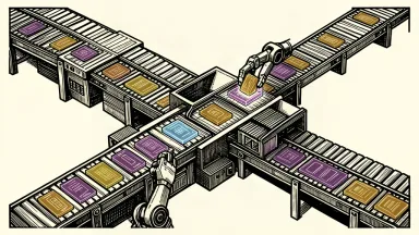 An editorial illustration showing translucent AI modules being integrated into a large-scale industrial conveyor system to optimize supply chain operations.